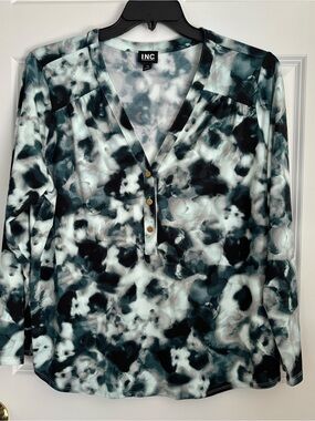 INC International Concepts Black, Teal & White Abstract Henley Blouse